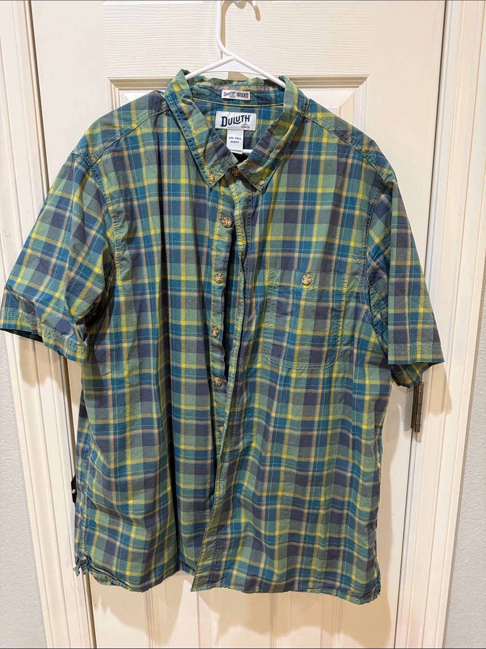 Duluth Trading Co Green and Blue Plaid Short Sleeve Button-Down Shirt